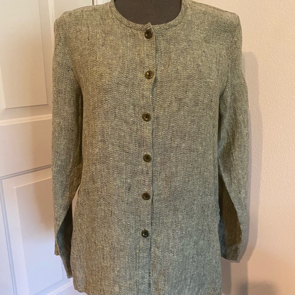 Flax Olive-Green Round-Neck Button Jacket Blazer 100% Linen